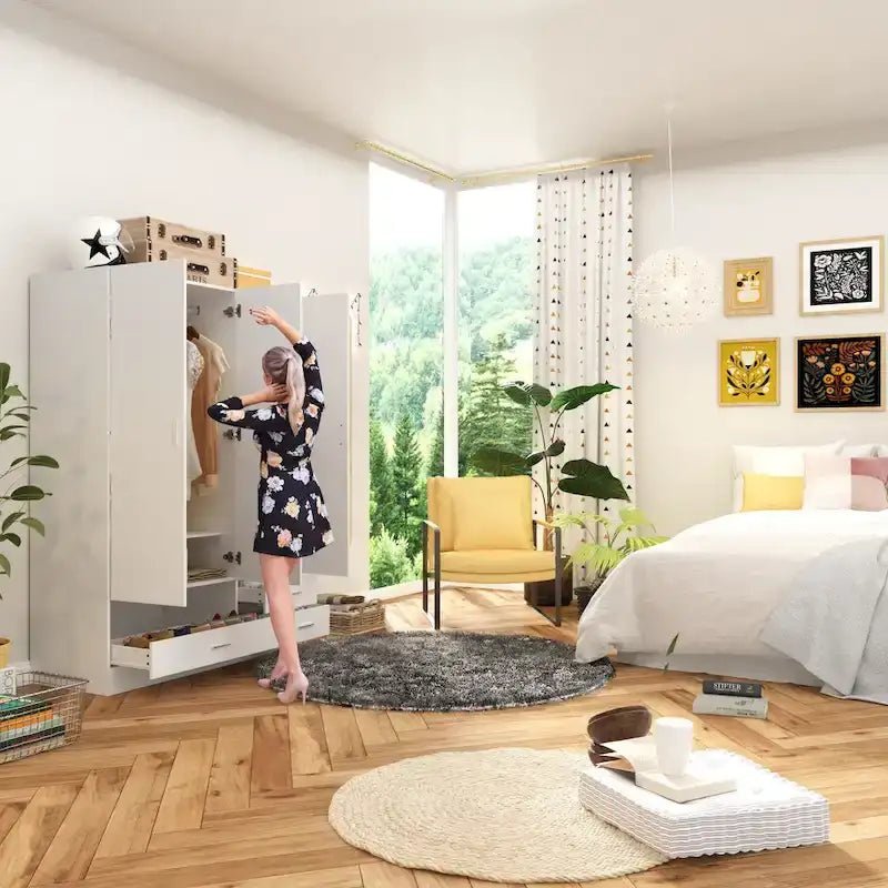 Armoire-penderie blanche avec coiffeuse, miroir LED et tiroirs