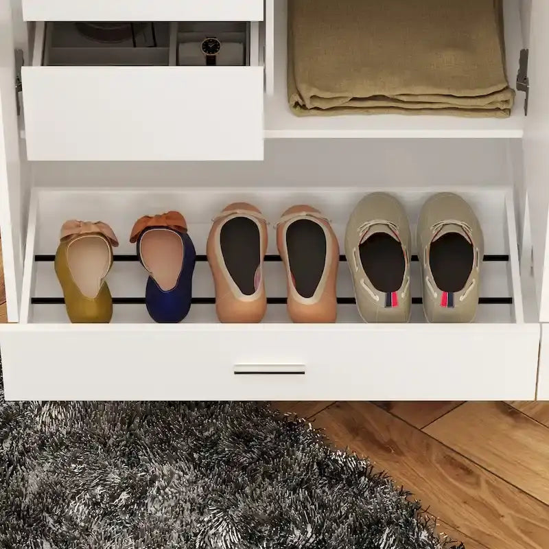 Armoire-penderie blanche avec coiffeuse, miroir LED et tiroirs