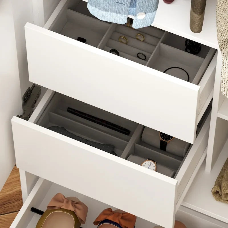 Armoire-penderie blanche avec coiffeuse, miroir LED et tiroirs