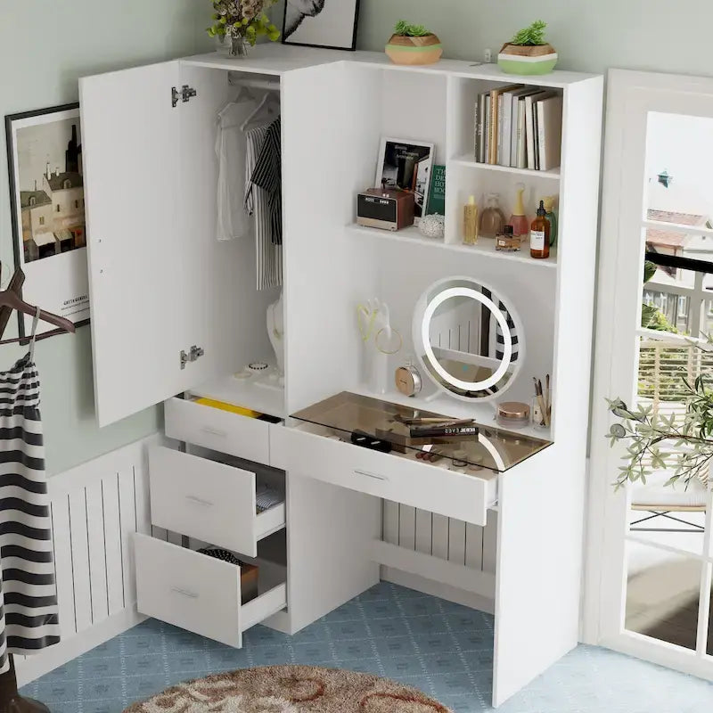 Armoire-penderie blanche avec coiffeuse, miroir LED et tiroirs