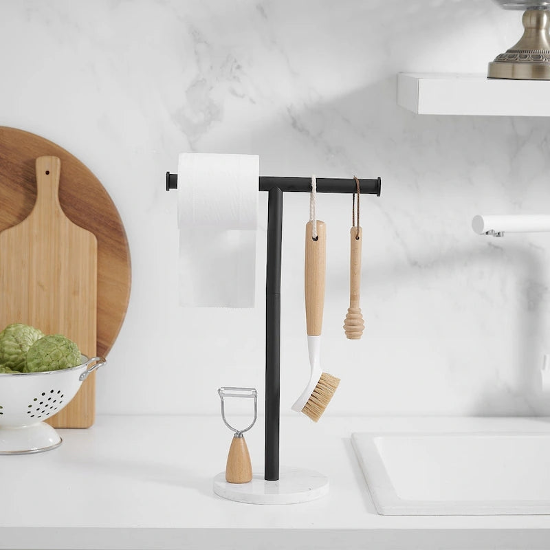Porte-serviette à main sur pied en T, base en marbre naturel, or brossé
