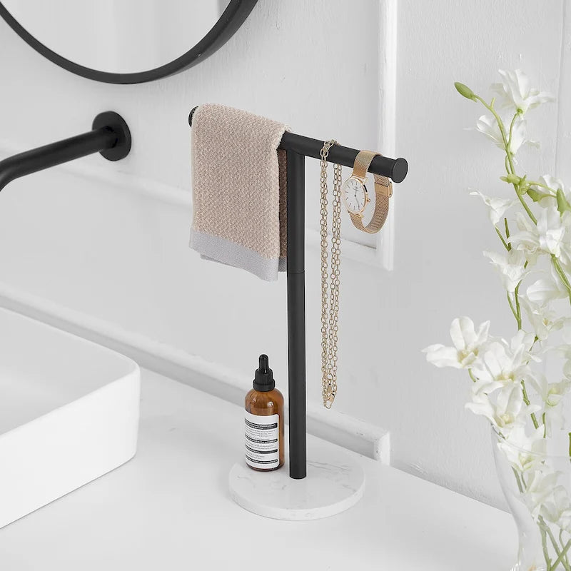 Porte-serviette à main sur pied en T, base en marbre naturel, or brossé