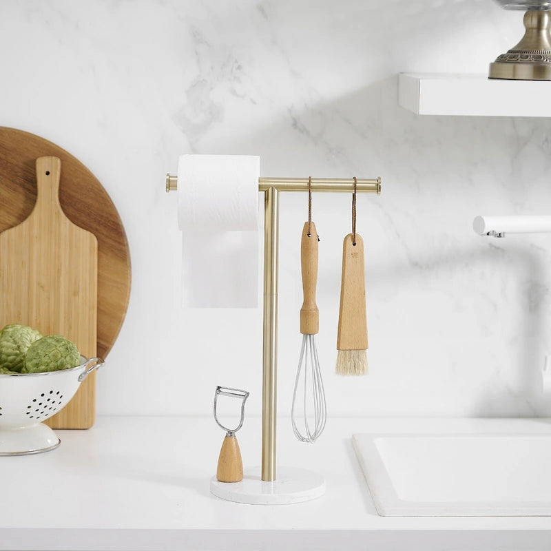 Porte-serviette à main sur pied en T, base en marbre naturel, or brossé