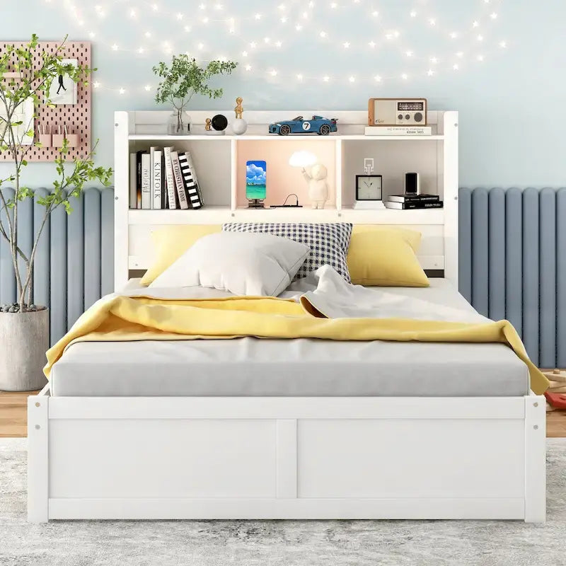 Lit plateforme de rangement pleine grandeur avec tête de lit bibliothèque, port USB et 2 tiroirs Blanc