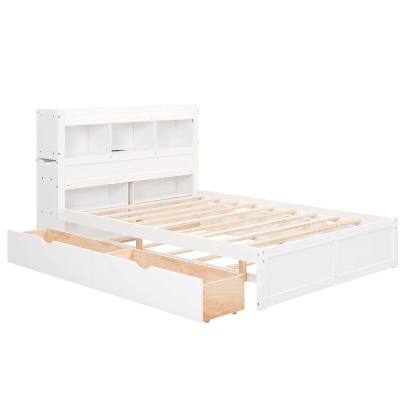 Lit plateforme de rangement pleine grandeur avec tête de lit bibliothèque, port USB et 2 tiroirs Blanc