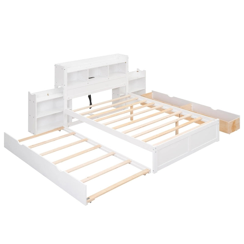 Lit plateforme de rangement pleine grandeur avec tête de lit bibliothèque, port USB et 2 tiroirs Blanc
