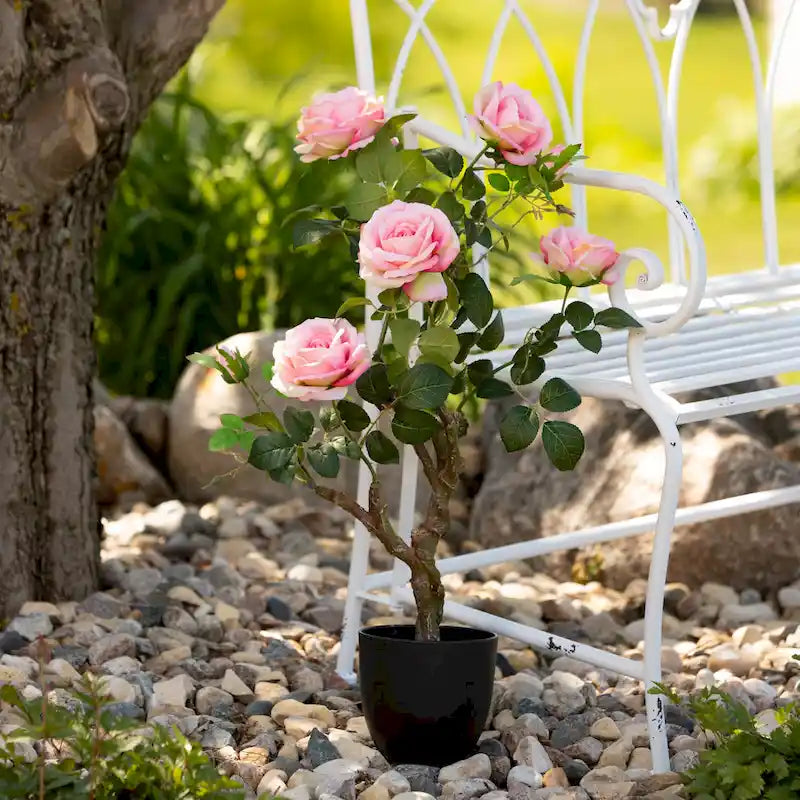 Banc de jardin en métal blanc avec dossier en arc et accoudoirs à volutes ornementales