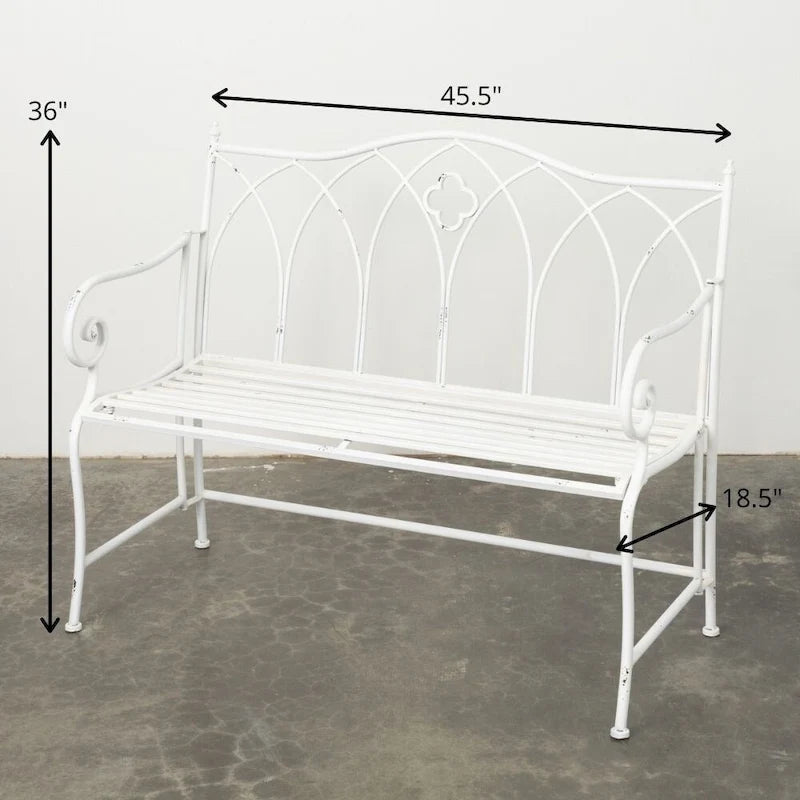 Banc de jardin en métal blanc avec dossier en arc et accoudoirs à volutes ornementales