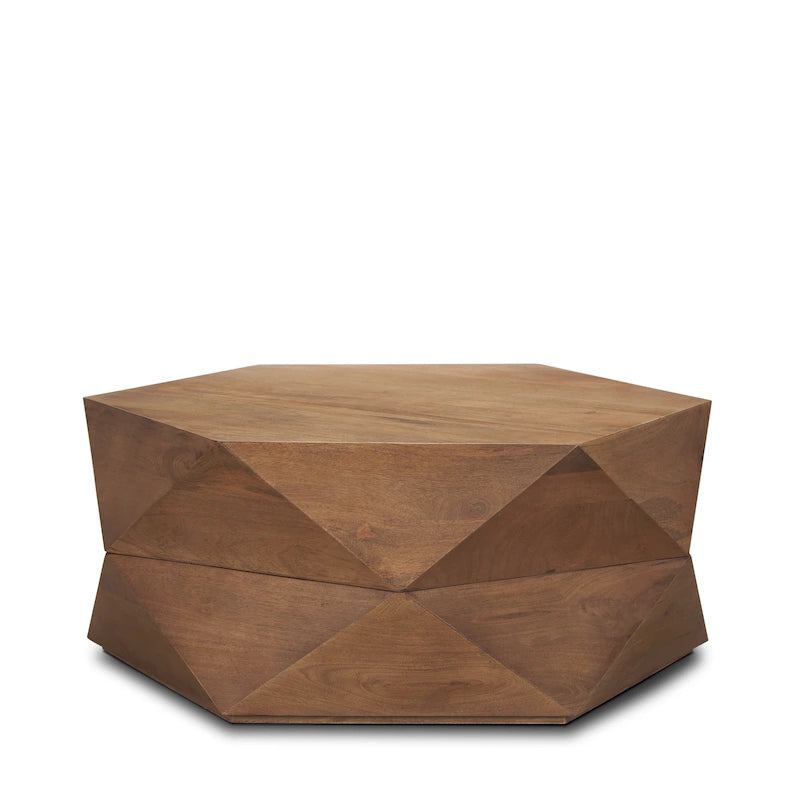 Table basse hexagonale en bois de manguier massif avec rangement caché