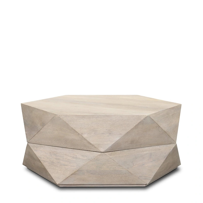 Table basse hexagonale en bois de manguier massif avec rangement caché