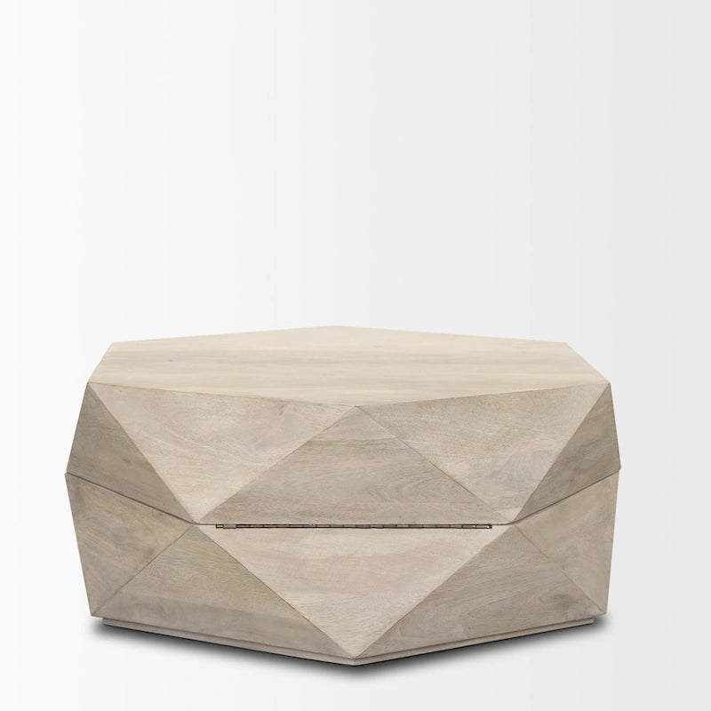 Table basse hexagonale en bois de manguier massif avec rangement caché