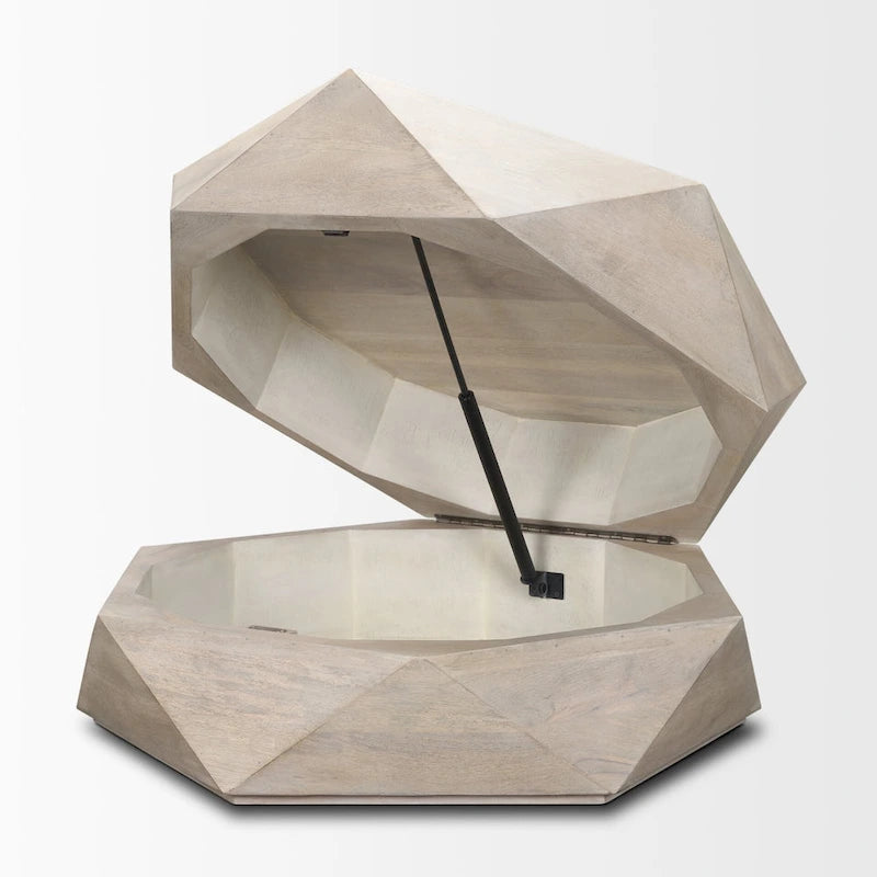 Table basse hexagonale en bois de manguier massif avec rangement caché