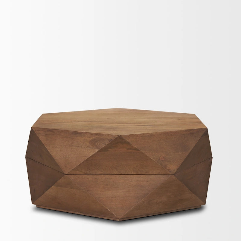 Table basse hexagonale en bois de manguier massif avec rangement caché