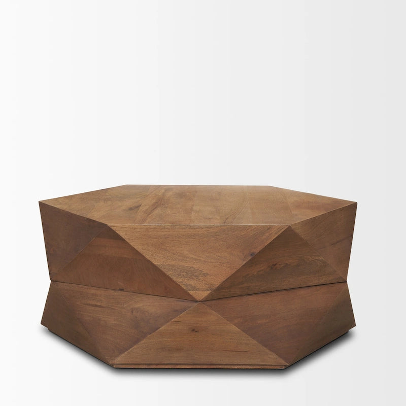 Table basse hexagonale en bois de manguier massif avec rangement caché