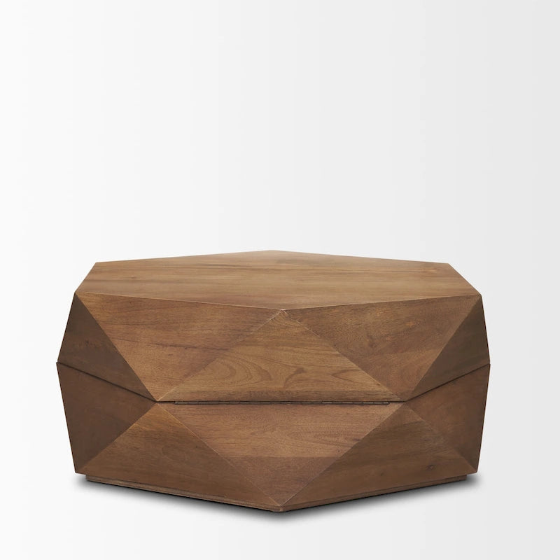 Table basse hexagonale en bois de manguier massif avec rangement caché