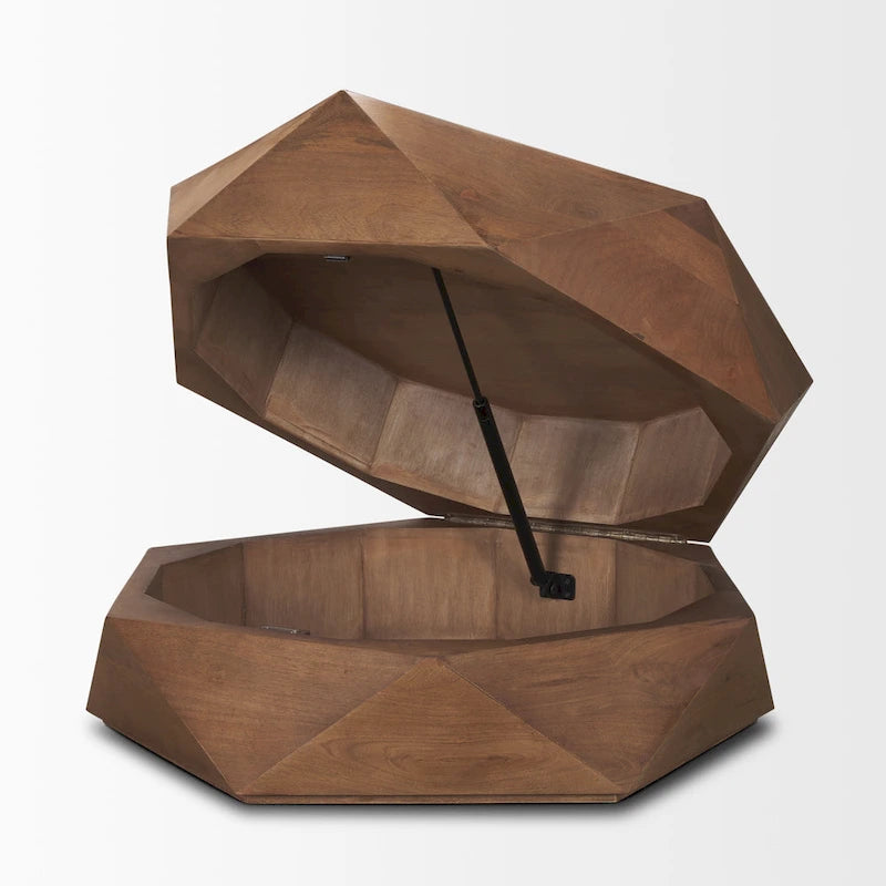 Table basse hexagonale en bois de manguier massif avec rangement caché
