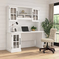 Bureau informatique blanc de 60 W avec étagère supérieure et armoire de rangement avec porte vitrée