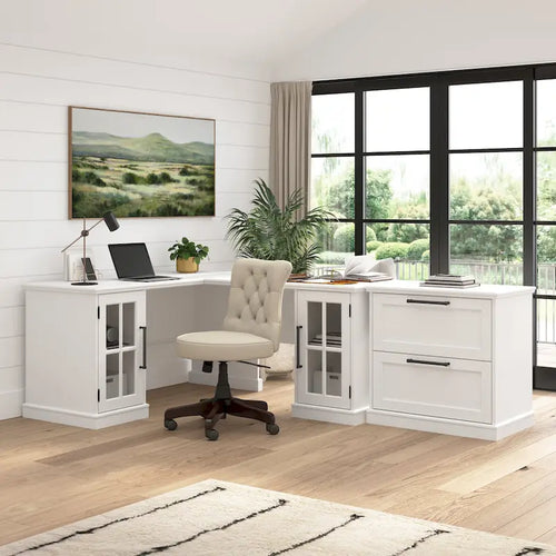 Bureau informatique blanc de 60 W avec étagère supérieure et armoire de rangement avec porte vitrée