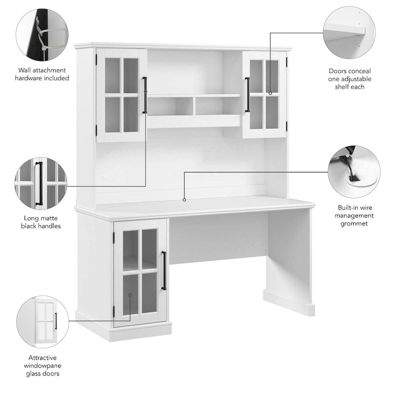 Bureau informatique blanc de 60 W avec étagère supérieure et armoire de rangement avec porte vitrée