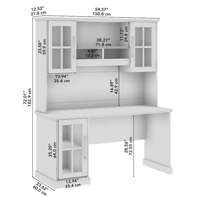 Bureau informatique blanc de 60 W avec étagère supérieure et armoire de rangement avec porte vitrée