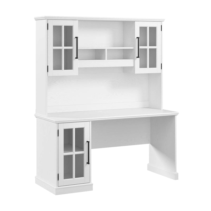 Bureau informatique blanc de 60 W avec étagère supérieure et armoire de rangement avec porte vitrée