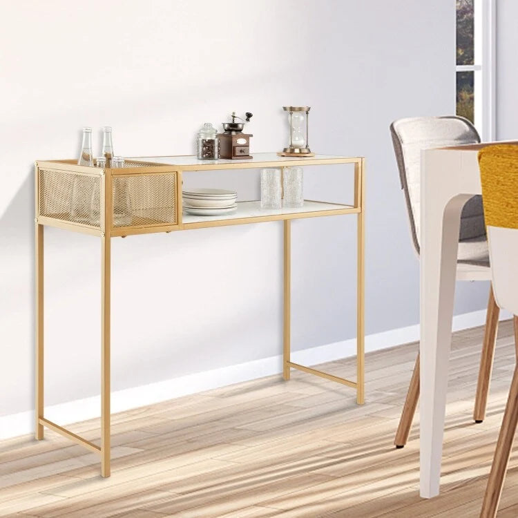 Console en Faux Marbre Or Blanc avec Panier en Fil et Étagère Ouverte