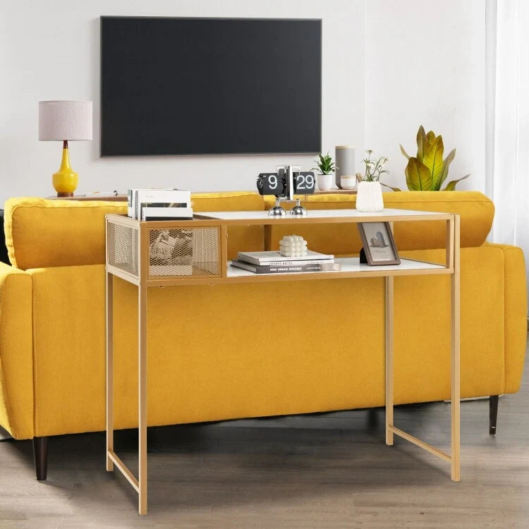 Console en Faux Marbre Or Blanc avec Panier en Fil et Étagère Ouverte