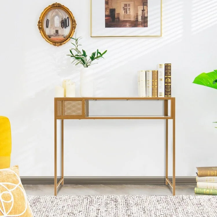Console en Faux Marbre Or Blanc avec Panier en Fil et Étagère Ouverte