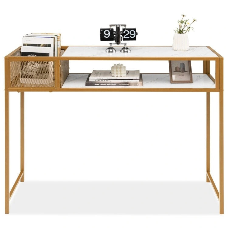 Console en Faux Marbre Or Blanc avec Panier en Fil et Étagère Ouverte