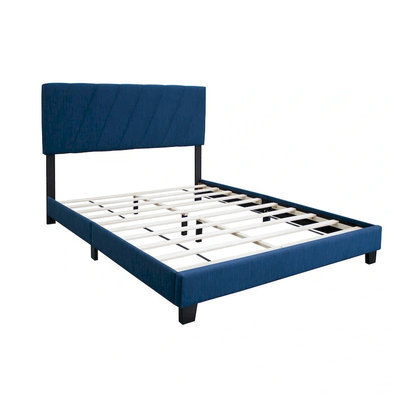 Lit plateforme Queen en lin bleu avec tête de lit capitonnée en diagonale