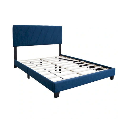 Lit plateforme Queen en lin bleu avec tête de lit capitonnée en diagonale