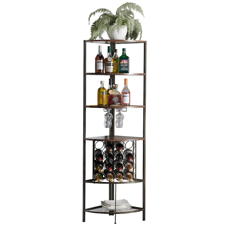 Étagère à vin d'angle avec étagères en chêne, support de verres à pied et rangement pour bouteilles