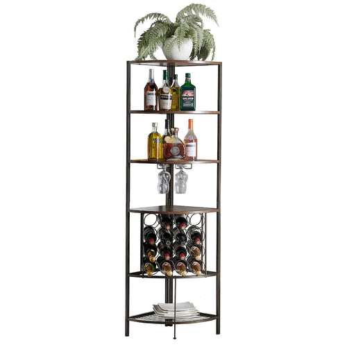 Étagère à vin d'angle avec étagères en chêne, support de verres à pied et rangement pour bouteilles