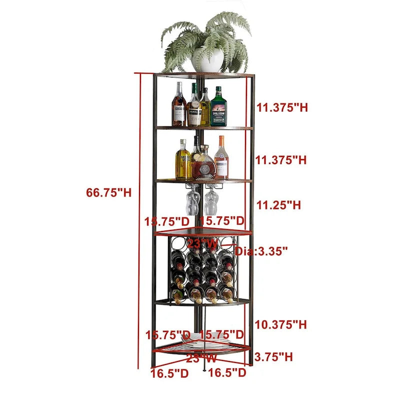 Étagère à vin d'angle avec étagères en chêne, support de verres à pied et rangement pour bouteilles