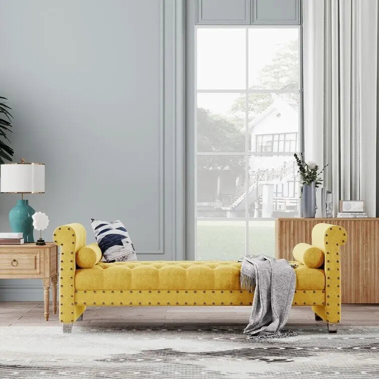 Banc Chesterfield rembourré en velours capitonné avec pieds en acrylique, beige