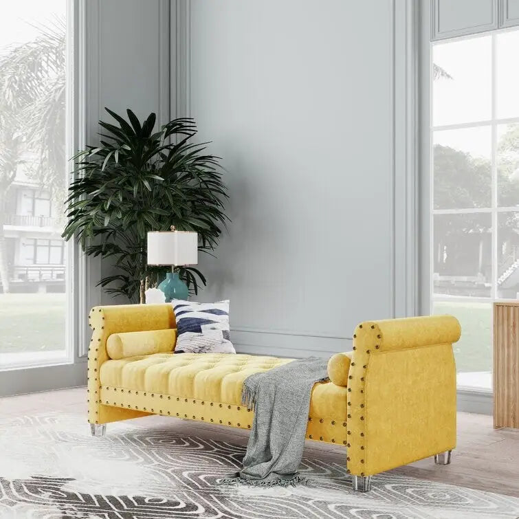 Banc Chesterfield rembourré en velours capitonné avec pieds en acrylique, beige