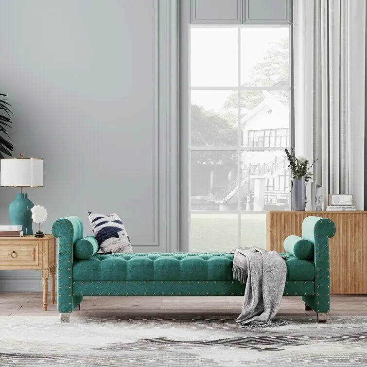 Banc Chesterfield rembourré en velours capitonné avec pieds en acrylique, beige