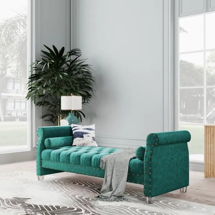 Banc Chesterfield rembourré en velours capitonné avec pieds en acrylique, beige