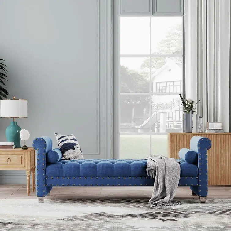 Banc Chesterfield rembourré en velours capitonné avec pieds en acrylique, beige