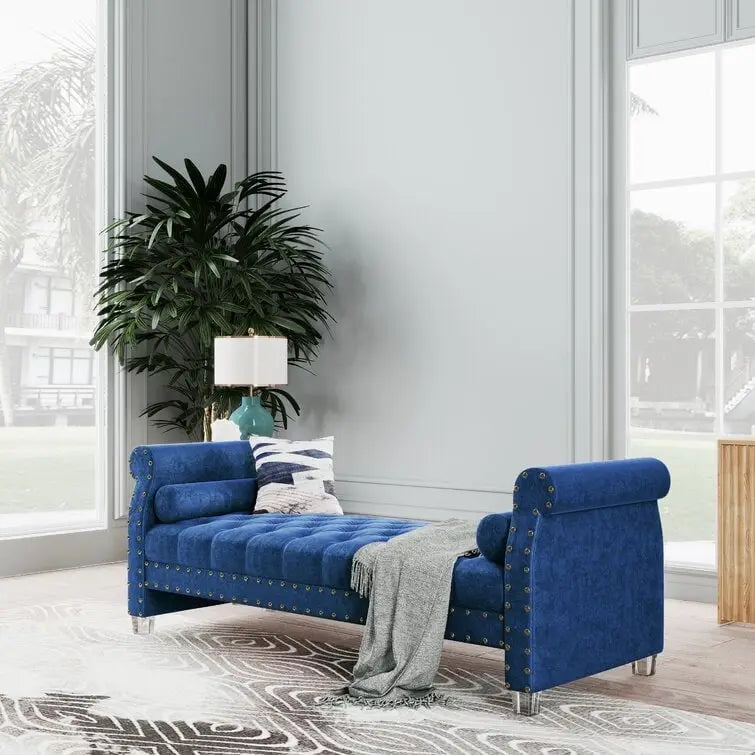 Banc Chesterfield rembourré en velours capitonné avec pieds en acrylique, beige