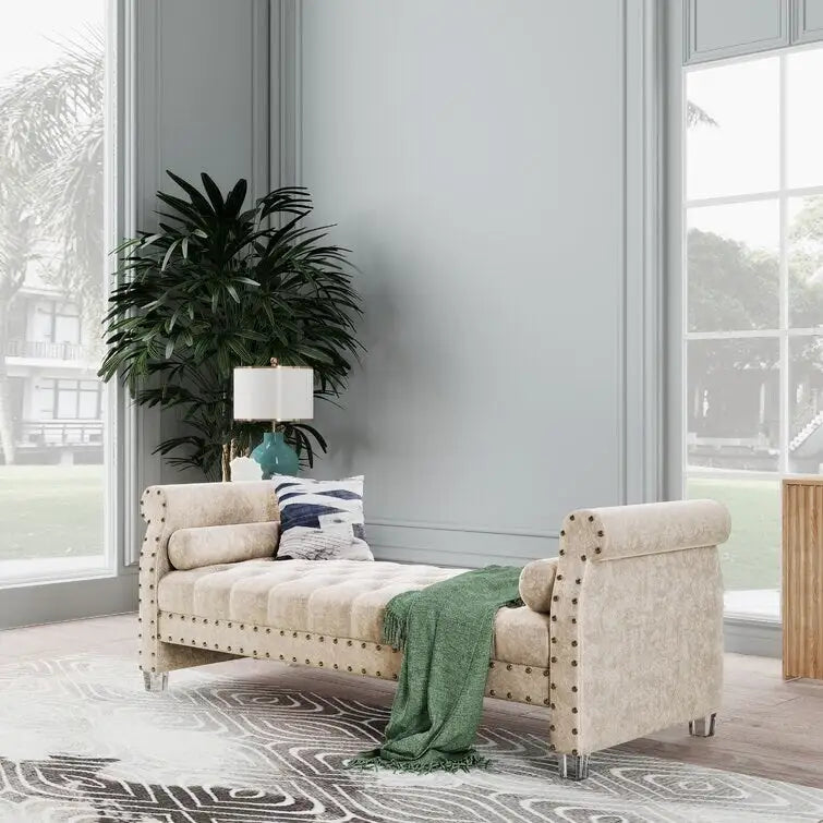 Banc Chesterfield rembourré en velours capitonné avec pieds en acrylique, beige