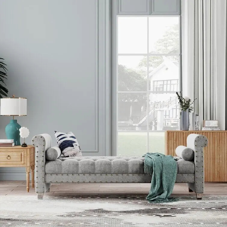 Banc Chesterfield rembourré en velours capitonné avec pieds en acrylique, beige