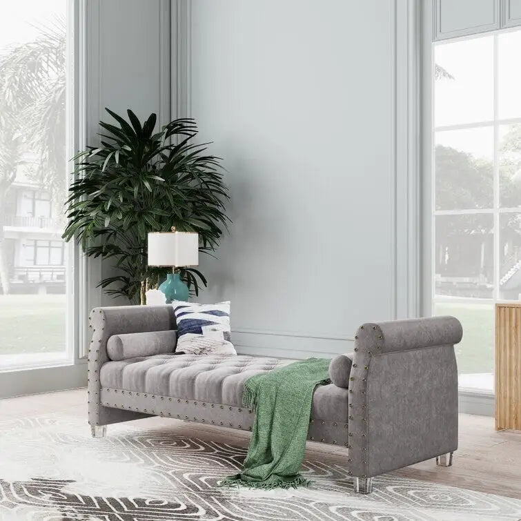 Banc Chesterfield rembourré en velours capitonné avec pieds en acrylique, beige