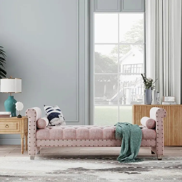 Banc Chesterfield rembourré en velours capitonné avec pieds en acrylique, beige