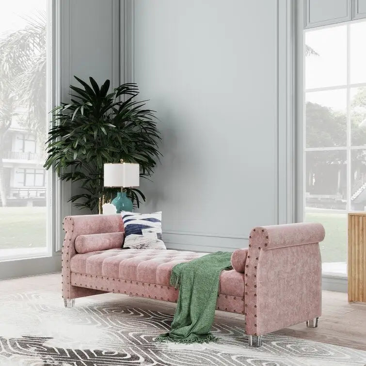 Banc Chesterfield rembourré en velours capitonné avec pieds en acrylique, beige