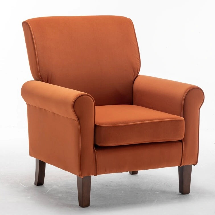 Fauteuil d'appoint en velours à accoudoirs roulés avec pieds en bois massif Plusieurs coloris