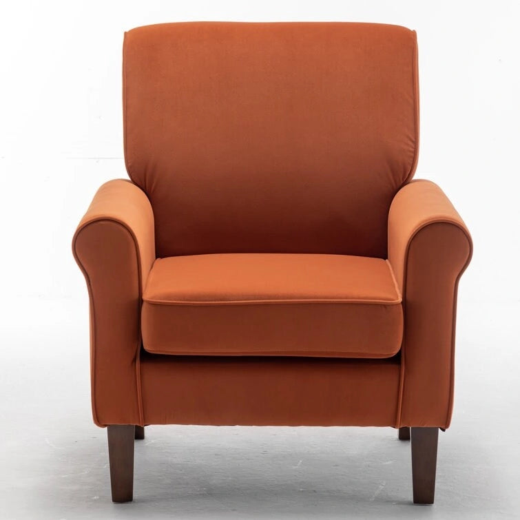 Fauteuil d'appoint en velours à accoudoirs roulés avec pieds en bois massif Plusieurs coloris
