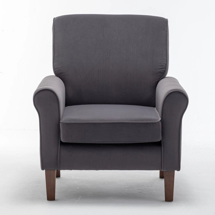 Fauteuil d'appoint en velours à accoudoirs roulés avec pieds en bois massif Plusieurs coloris