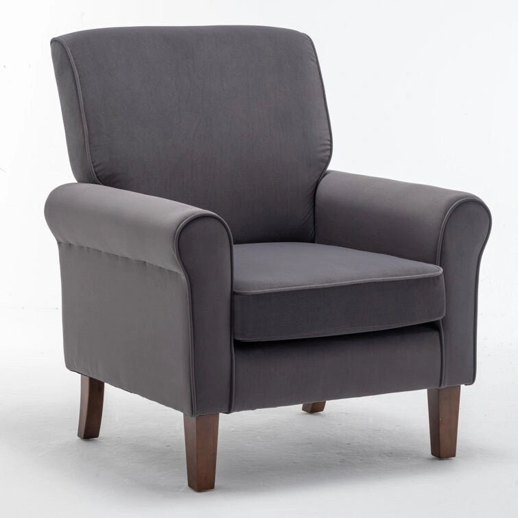 Fauteuil d'appoint en velours à accoudoirs roulés avec pieds en bois massif Plusieurs coloris