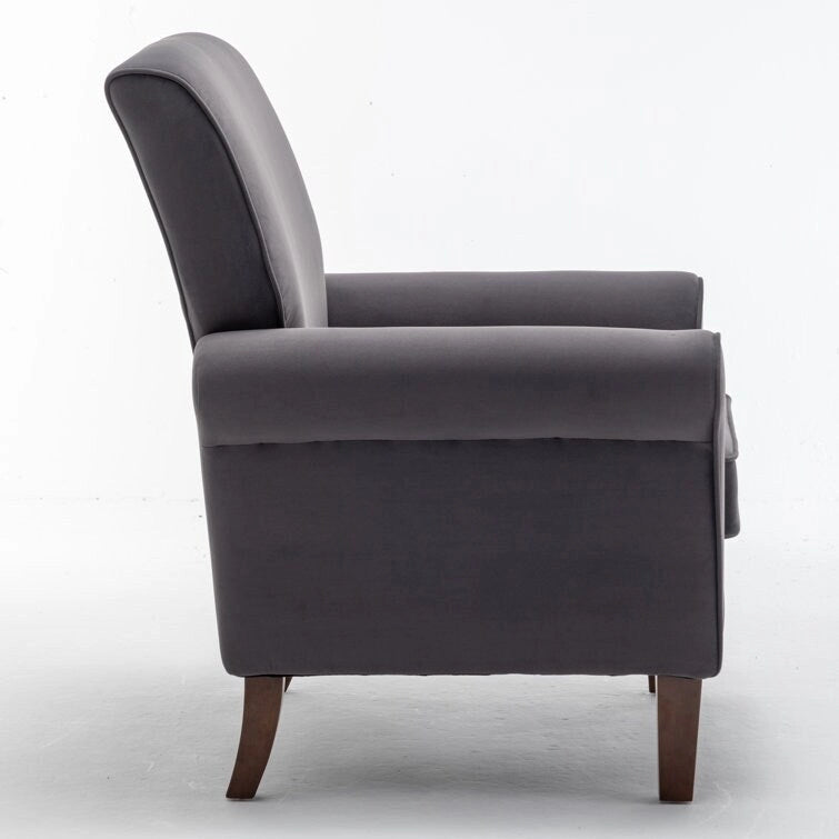 Fauteuil d'appoint en velours à accoudoirs roulés avec pieds en bois massif Plusieurs coloris